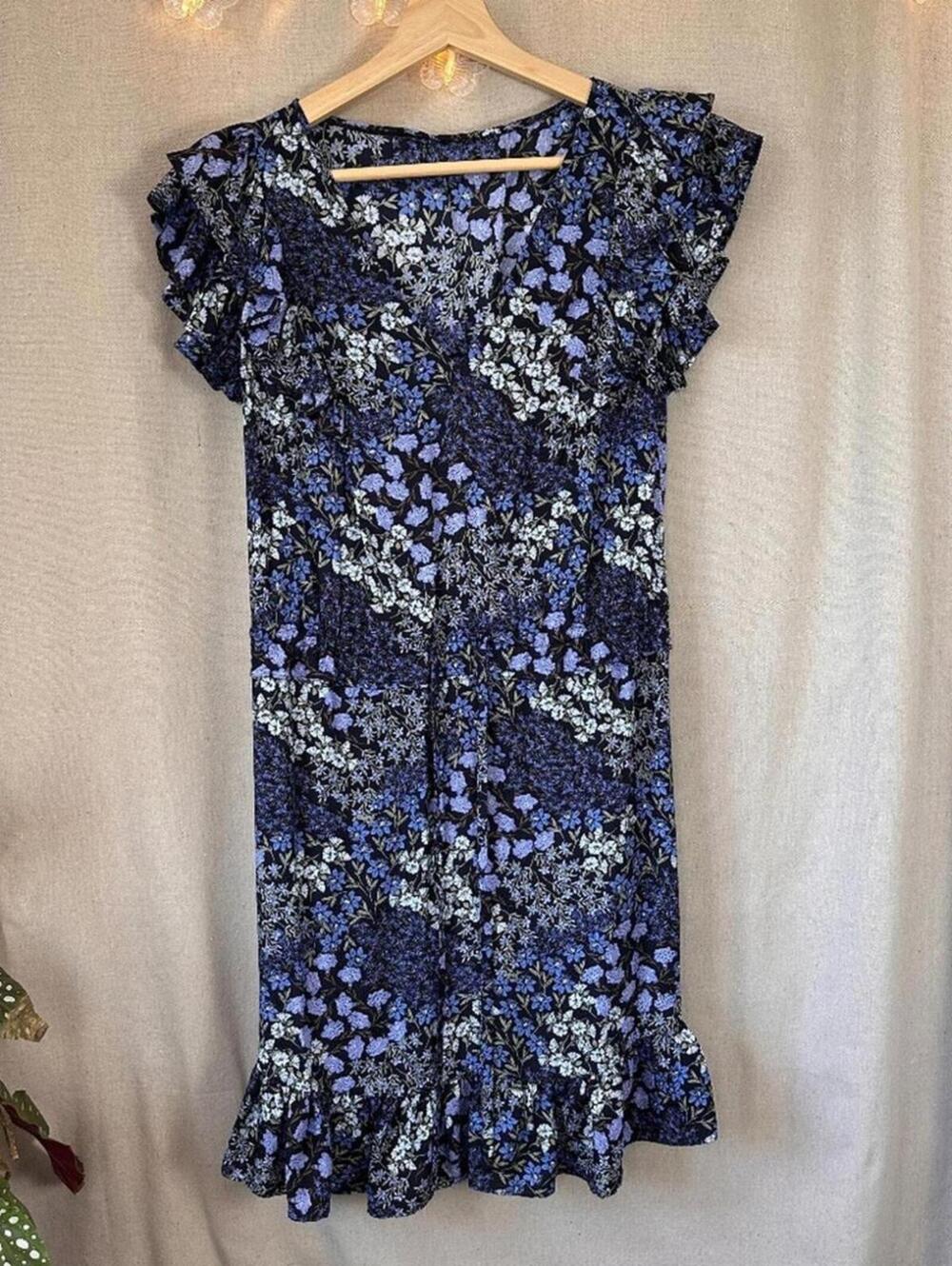 Rebecca Taylor Ava Floral Ruffle Dress Blue Silk | Size 4 Summer Festival - Picture 2 of 8
